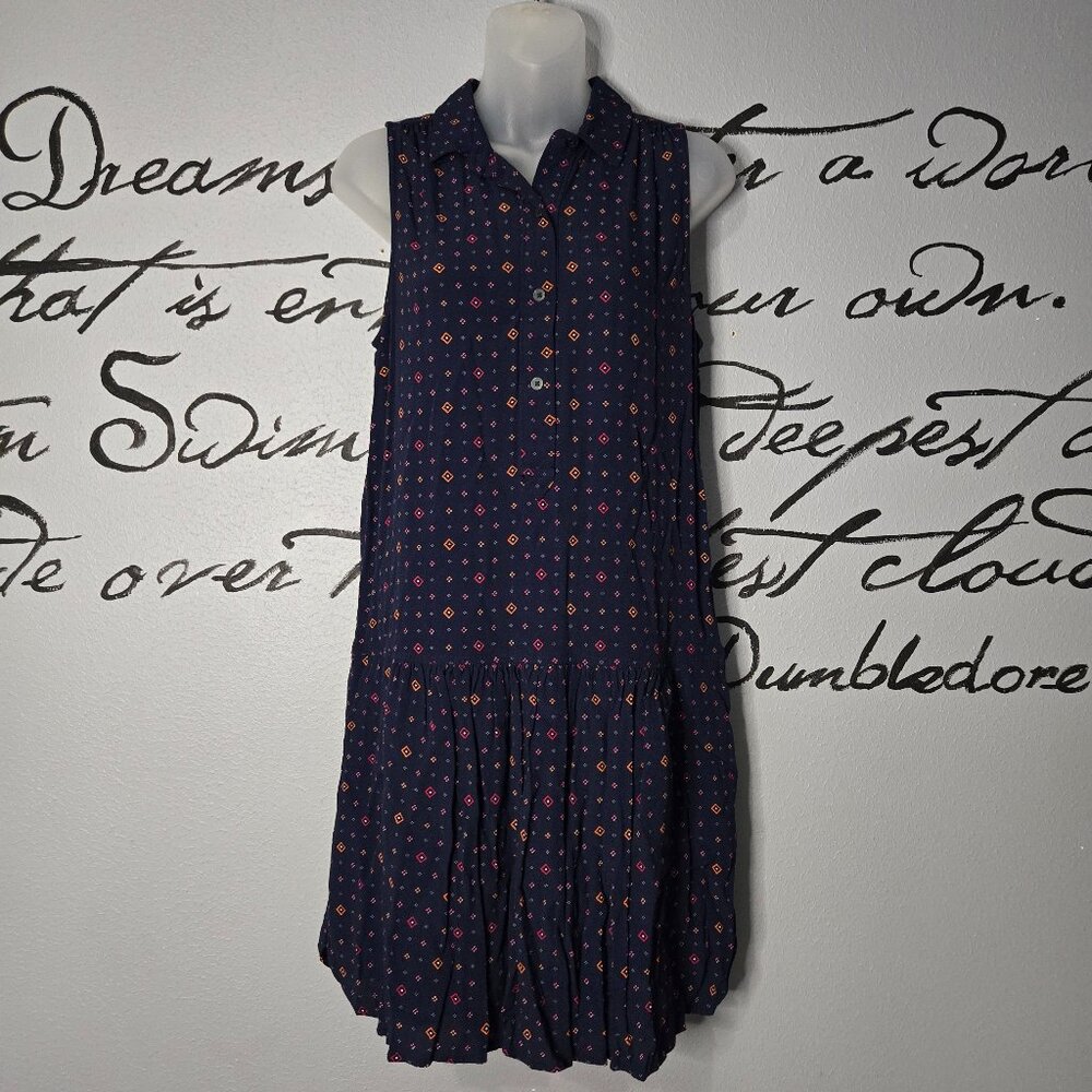 GAP Navy Patterned Drop Waist Dress, Sleeveless, Collared, S